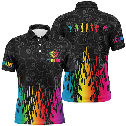 Billiard Polo Shirts, Billiard Rainbow Fire Snooker Player Silhouettes Custom 3D Polo Shirts, Pool Player Shirts, Billiards Team Shirts