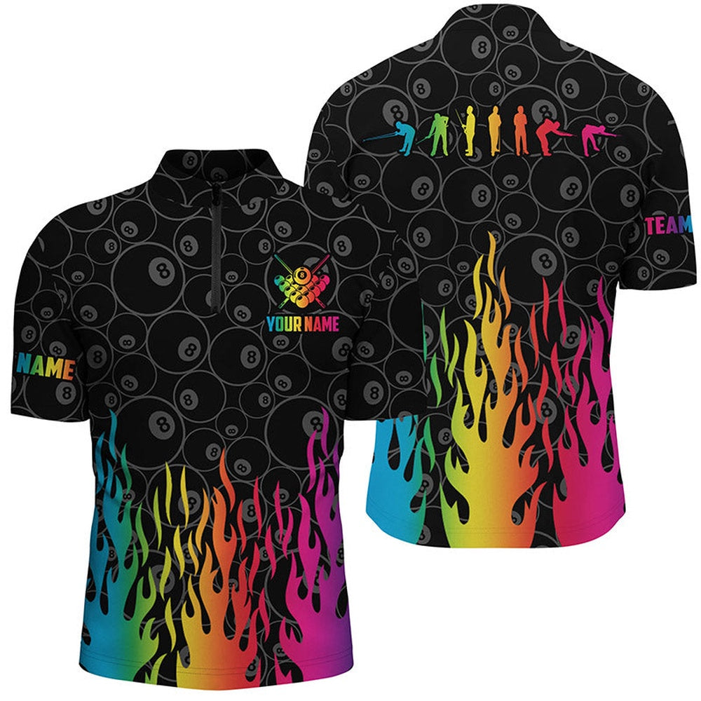 Billiard Polo Shirts, Billiard Rainbow Fire Snooker Player Silhouettes Custom 3D Polo Shirts, Pool Player Shirts, Billiards Team Shirts