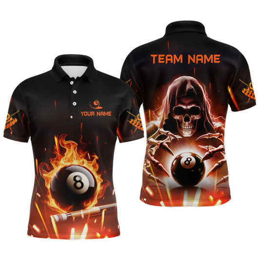 Billiard Polo Shirts, Billiard Skeleton Flaming 8 Ball Pool Personalized Polo Shirts Custom Pool League Team Shirts, Billiards Team Shirts