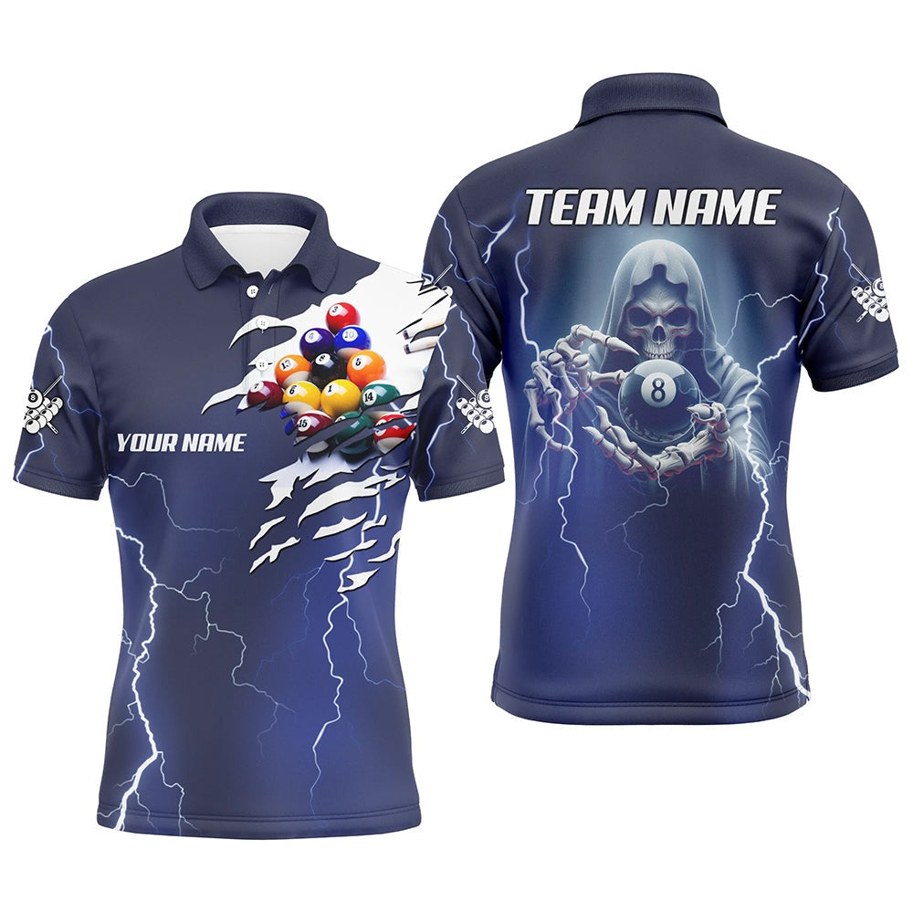Billiard Polo Shirts, Billiard Skeleton Thunder Lighting Personalized Blue Polo Shirts, Billiards Jerseys Uniform, Billiards Team Shirts