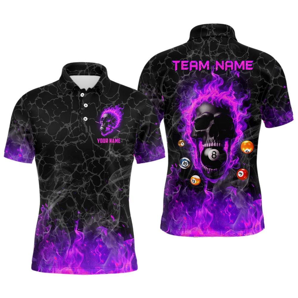 Billiard Polo Shirts, Billiards 8 Ball Flame Skull Fire Custom Pool Shirts, Unique League Billiard Jersey Purple, Billiards Team Shirts