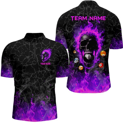 Billiard Polo Shirts, Billiards 8 Ball Flame Skull Fire Custom Pool Shirts, Unique League Billiard Jersey Purple, Billiards Team Shirts