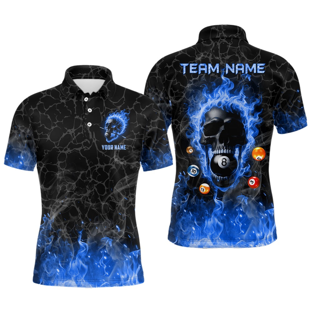 Billiard Polo Shirts, Billiards 8 Ball Flame Skull Fire Custom Pool Shirts, Unique League Billiard Jerseys Blue, Billiards Team Shirts