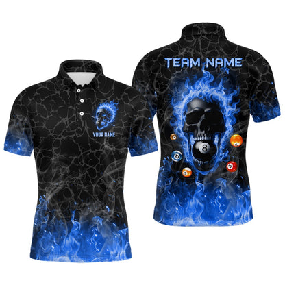 Billiard Polo Shirts, Billiards 8 Ball Flame Skull Fire Custom Pool Shirts, Unique League Billiard Jerseys Blue, Billiards Team Shirts