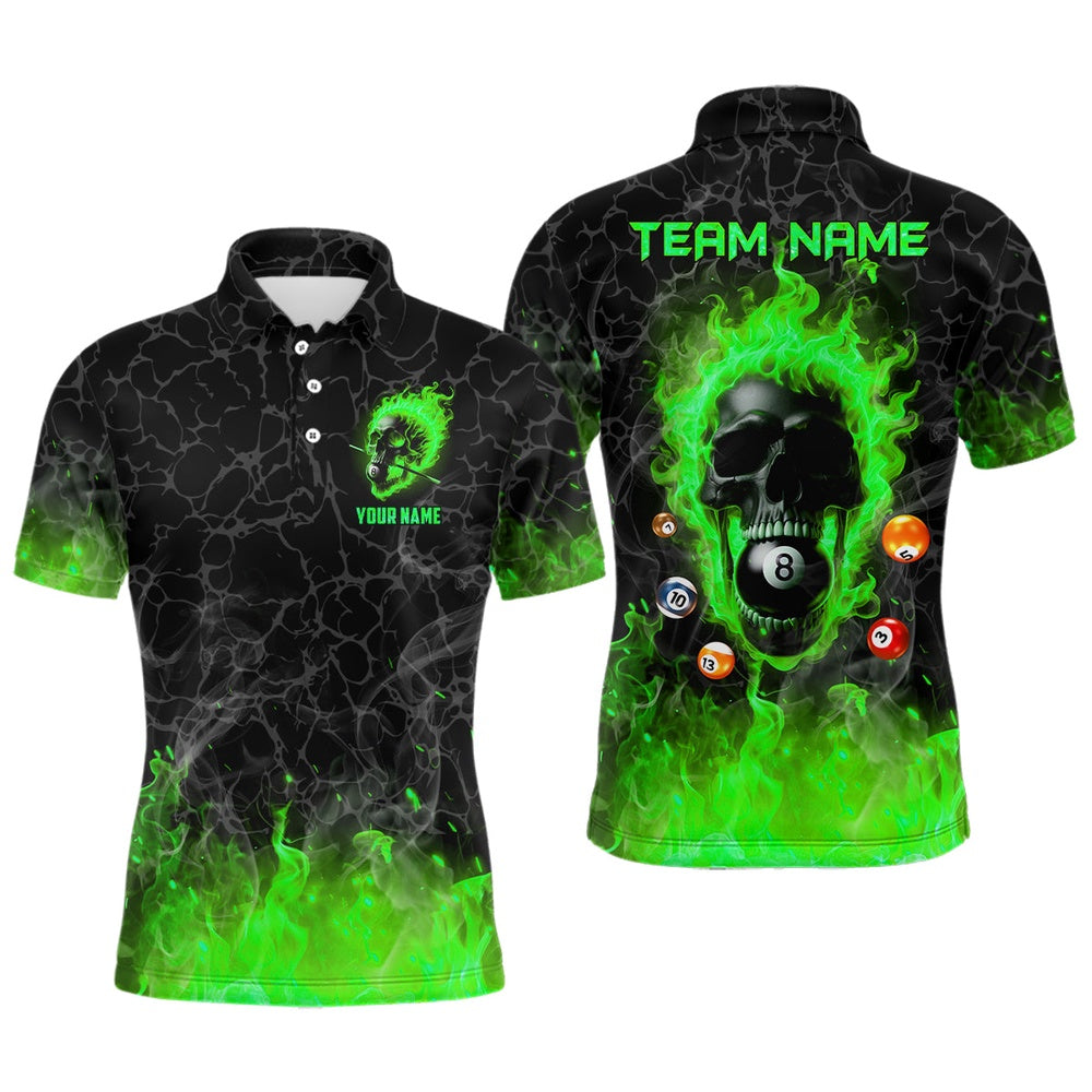 Billiard Polo Shirts, Billiards 8 Ball Flame Skull Fire Custom Pool Shirts, Unique League Billiard Jerseys Green, Billiards Team Shirts