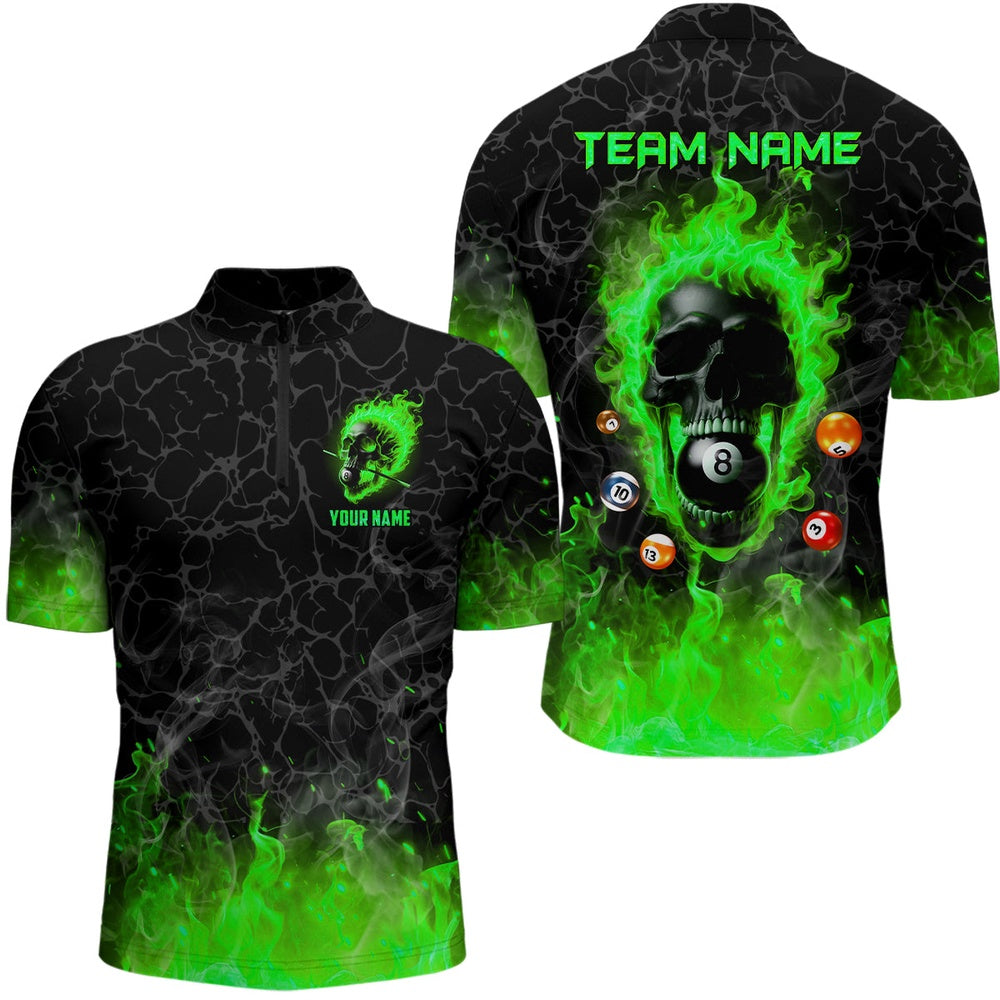 Billiard Polo Shirts, Billiards 8 Ball Flame Skull Fire Custom Pool Shirts, Unique League Billiard Jerseys Green, Billiards Team Shirts