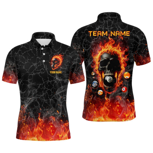 Billiard Polo Shirts, Billiards 8 Ball Flame Skull Fire Custom Pool Shirts, Unique Team League Billiard Jerseys, Billiards Team Shirts