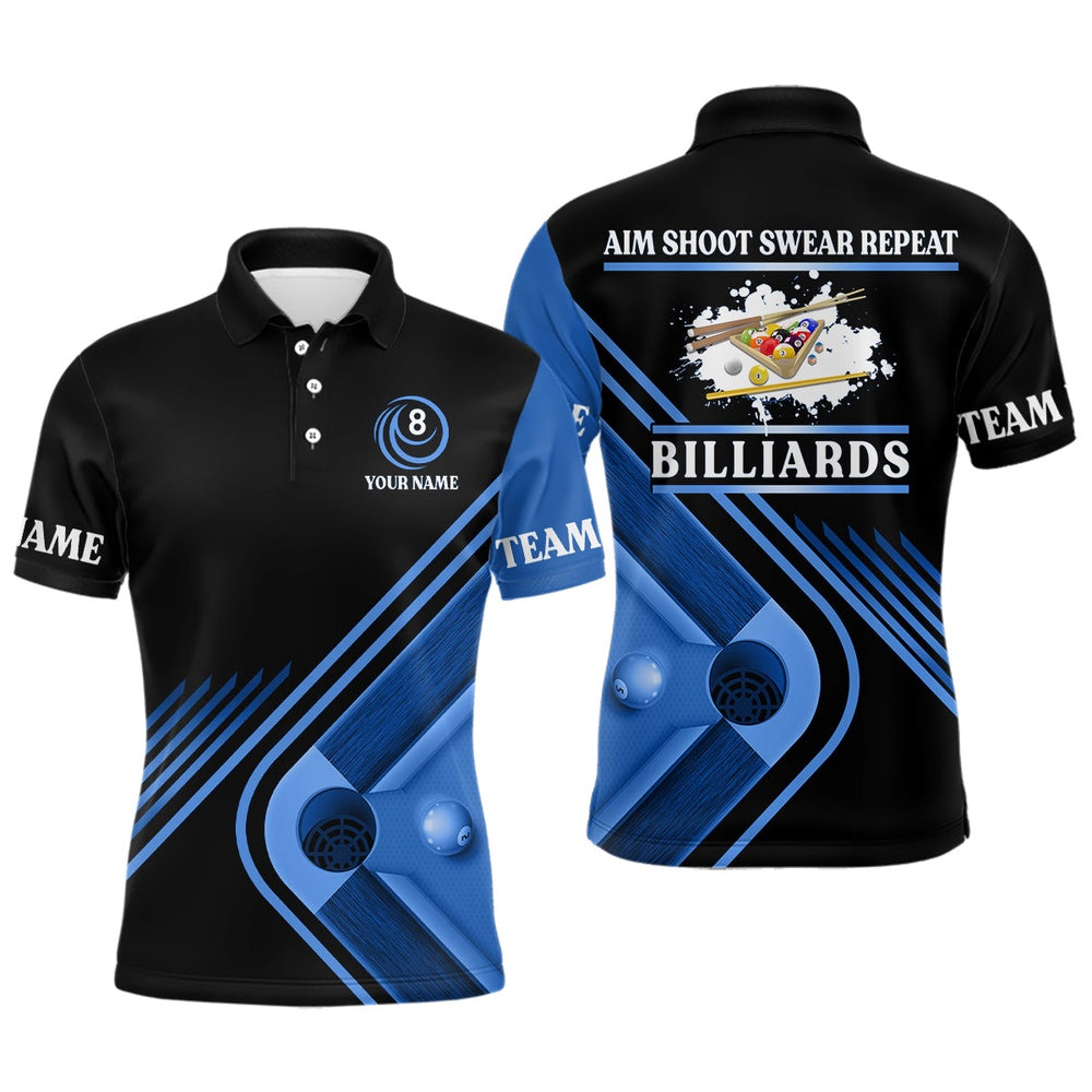 Billiard Polo Shirts, Billiards Aim Shoot Swear Repeat Custom Billiard Polo Shirts, Blue S Billiard Jerseys, Billiards Team Shirts