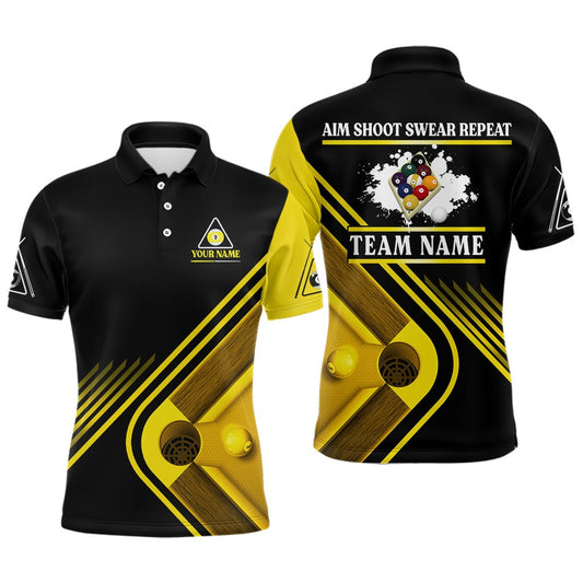 Billiard Polo Shirts, Billiards Aim Shoot Swear Repeat Custom Name Billiard Polo Shirts, 9 Ball Team Shirts, Billiards Team Shirts