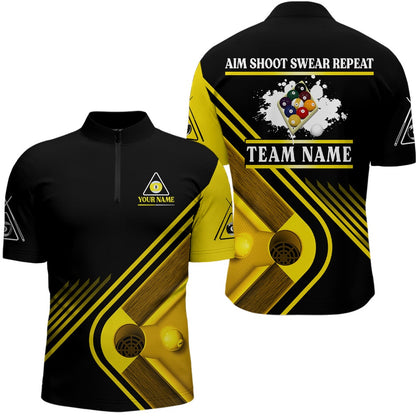 Billiard Polo Shirts, Billiards Aim Shoot Swear Repeat Custom Name Billiard Polo Shirts, 9 Ball Team Shirts, Billiards Team Shirts