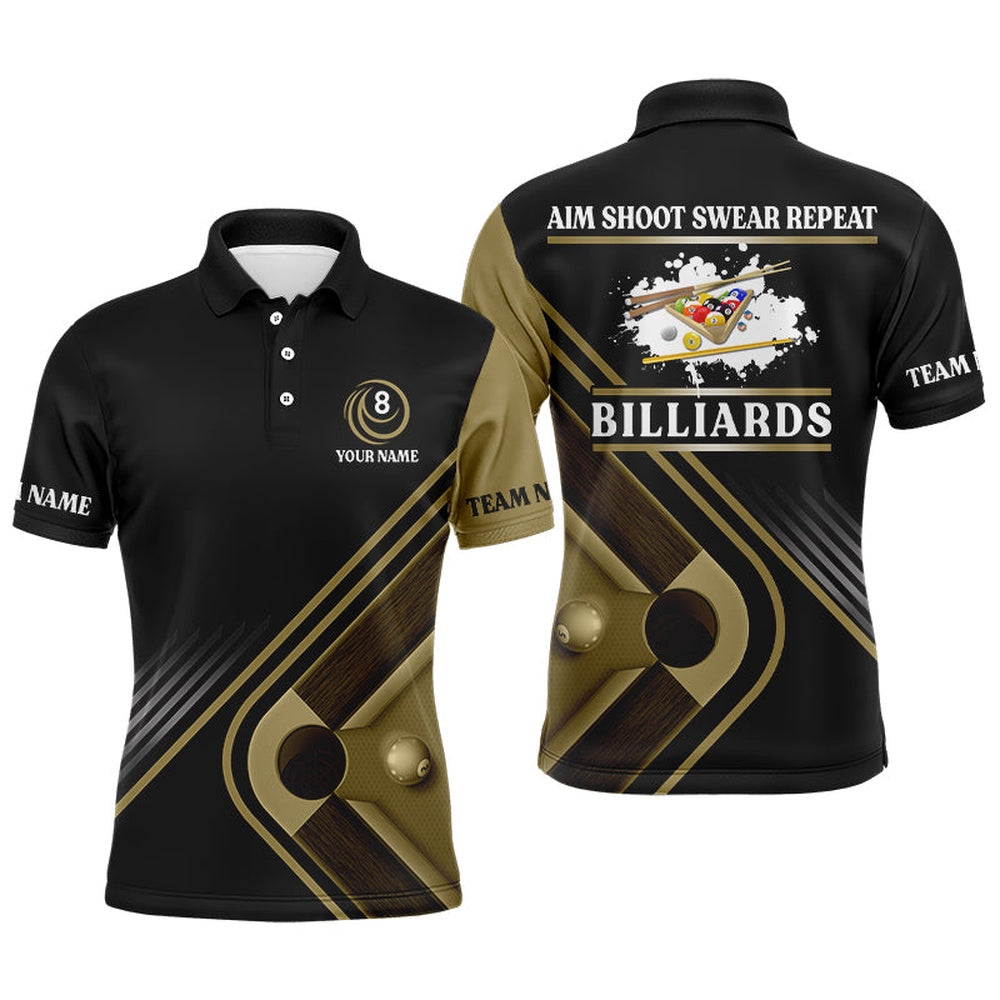 Billiard Polo Shirts, Billiards Aim Shoot Swear Repeat Custom Name Billiard Polo Shirts, S Billiard Jerseys, Billiards Team Shirts