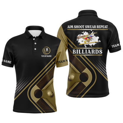 Billiard Polo Shirts, Billiards Aim Shoot Swear Repeat Custom Name Billiard Polo Shirts, S Billiard Jerseys, Billiards Team Shirts