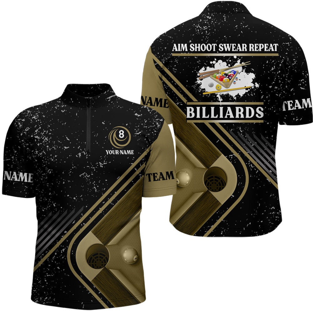 Billiard Polo Shirts, Billiards Aim Shoot Swear Repeat Custom Name Billiard Polo Shirts, S Billiard Jerseys, Billiards Team Shirts