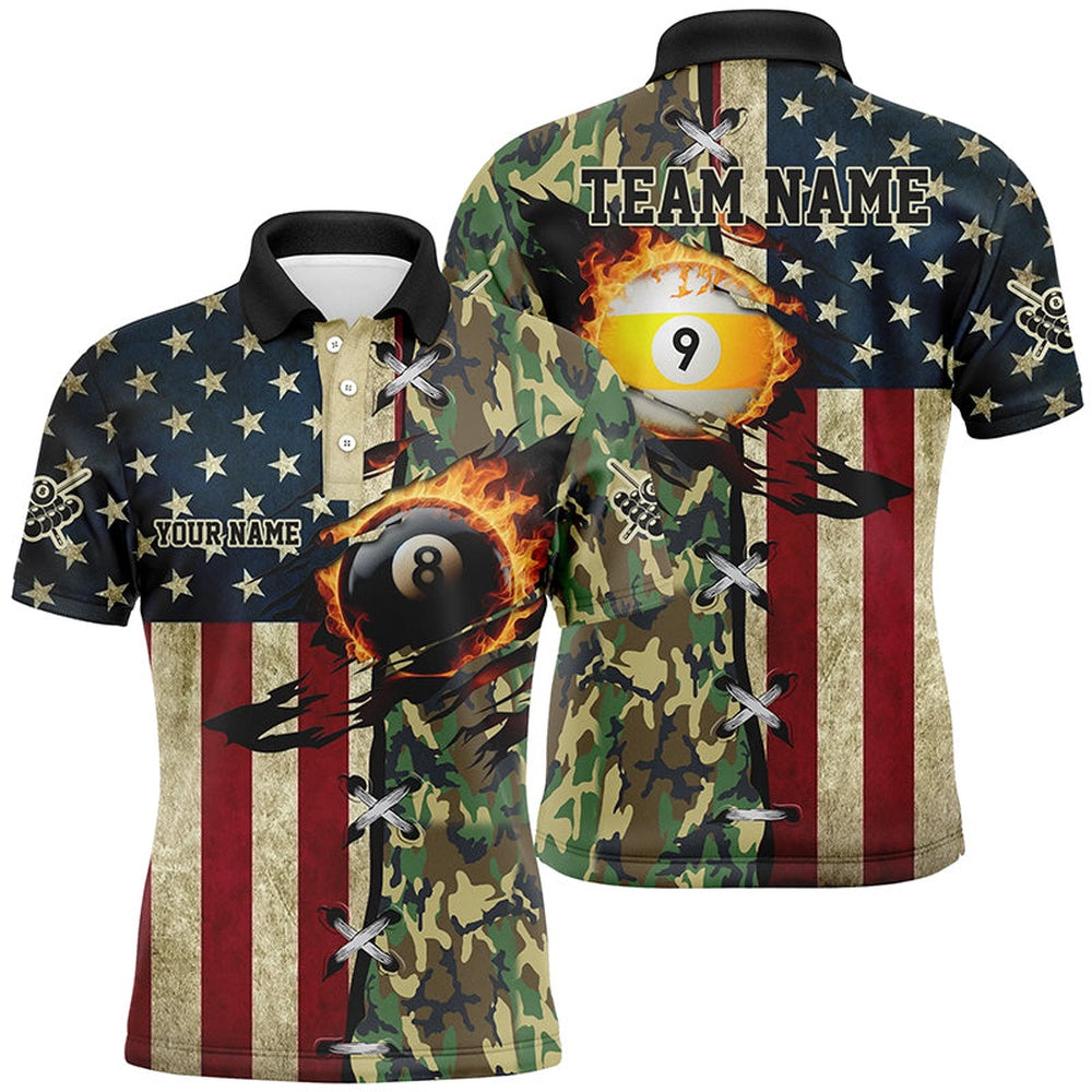 Billiard Polo Shirts, Billiards Ball 8 & Ball 9 Fire American Flag Custom Green Camo Polo Shirts, Billiard Attire, Billiards Team Shirts
