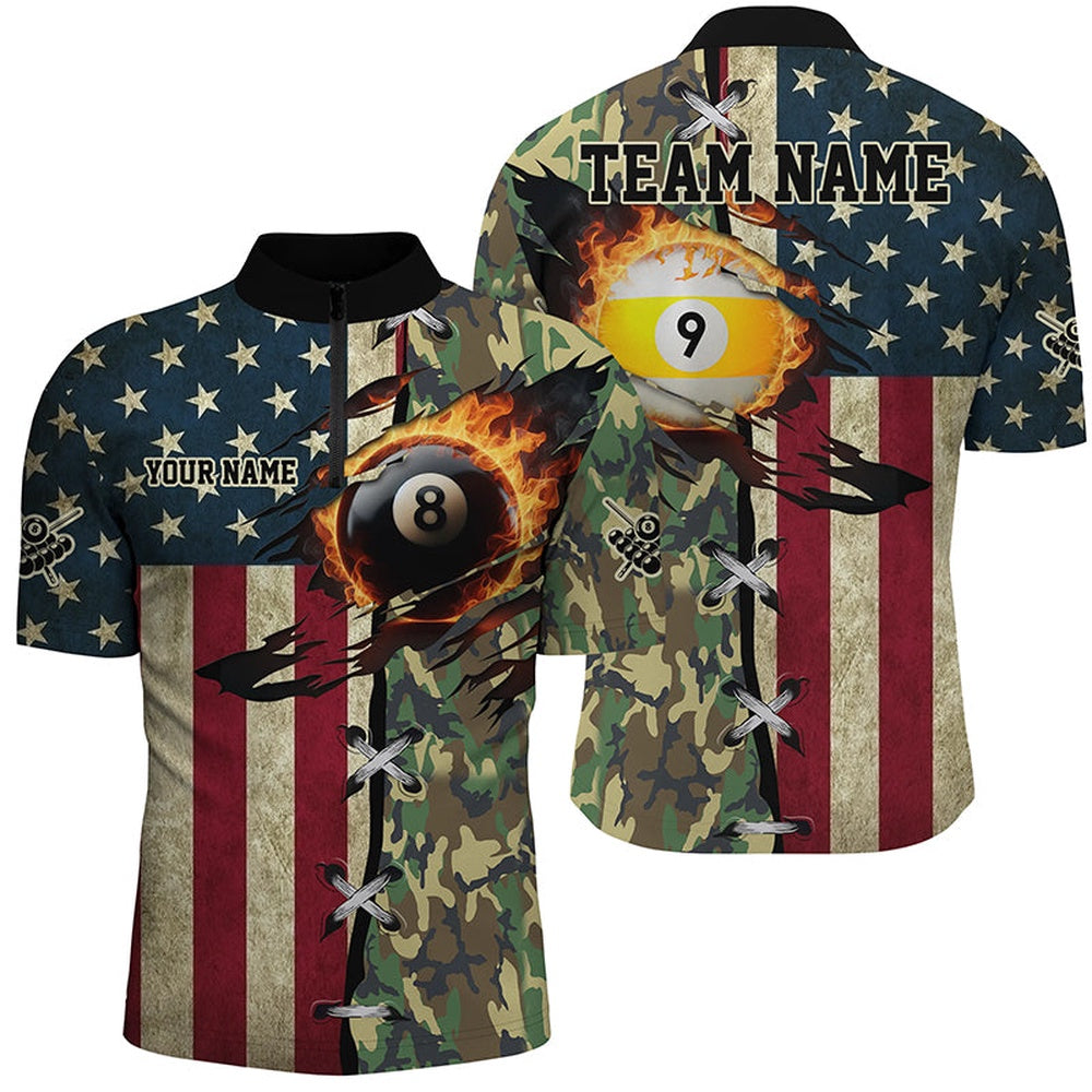 Billiard Polo Shirts, Billiards Ball 8 & Ball 9 Fire American Flag Custom Green Camo Polo Shirts, Billiard Attire, Billiards Team Shirts