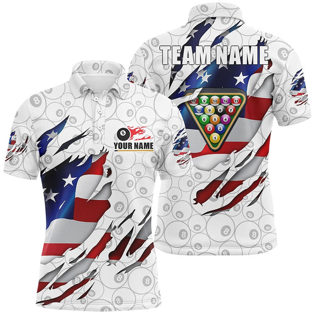 Billiard Polo Shirts, Billiards Balls 8 Ball Pattern White US Flag Custom Name Billiard Polo Shirts, Billiards Team Shirts