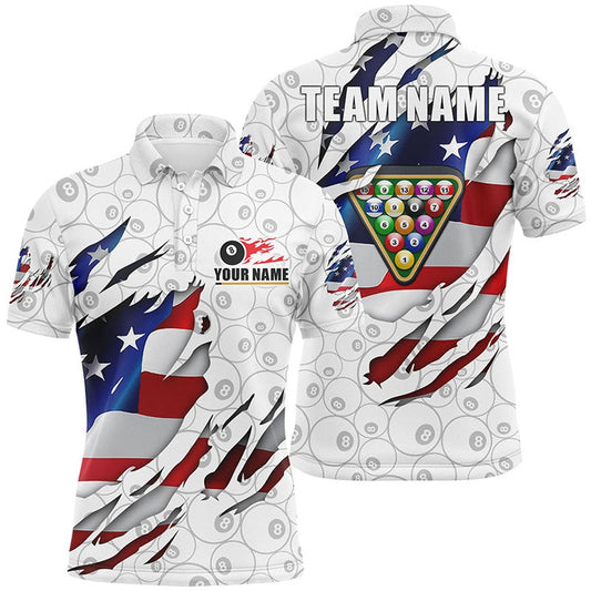 Billiard Polo Shirts, Billiards Balls 8 Ball Pattern White US Flag Custom Name Billiard Polo Shirts, Billiards Team Shirts
