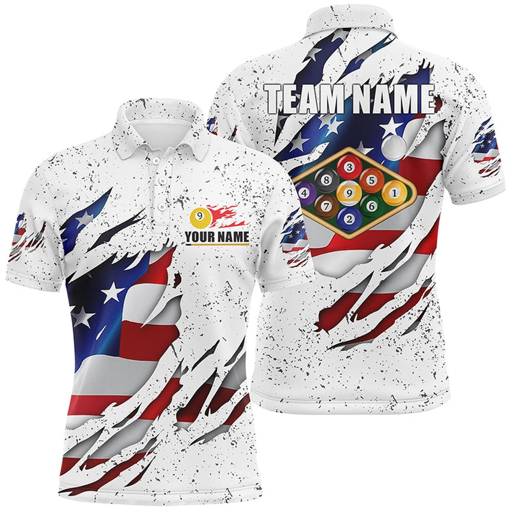 Billiard Polo Shirts, Billiards Balls US Flag White Grunge Custom Name Billiard Polo Shirts, 9 Ball Pool Shirts, Billiards Team Shirts