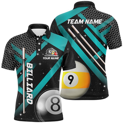 Billiard Polo Shirts, Black Jerseys Billiard 8 Ball & 9 Ball Pool Shirts Custom Unique Billiard Uniform Turquoise, Billiards Team Shirts