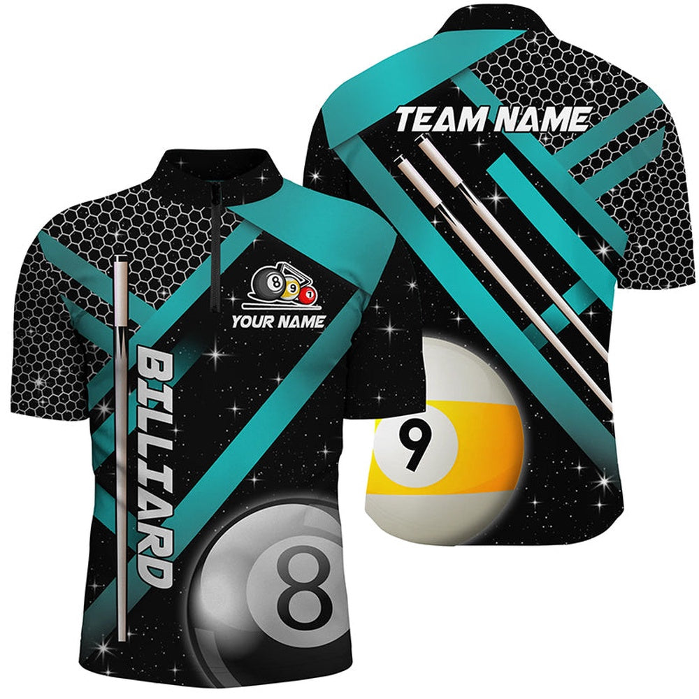 Billiard Polo Shirts, Black Jerseys Billiard 8 Ball & 9 Ball Pool Shirts Custom Unique Billiard Uniform Turquoise, Billiards Team Shirts