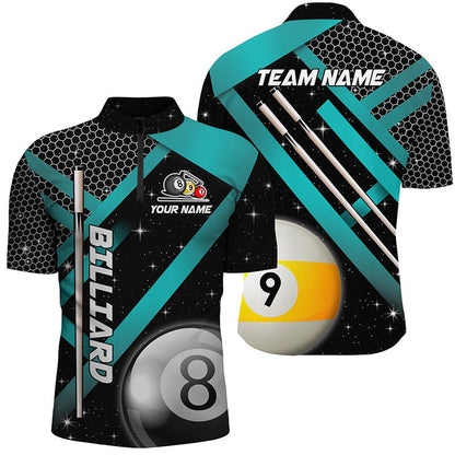 Billiard Polo Shirts, Black Jerseys Billiard 8 Ball & 9 Ball Pool Shirts Custom Unique Billiard Uniform Turquoise, Billiards Team Shirts