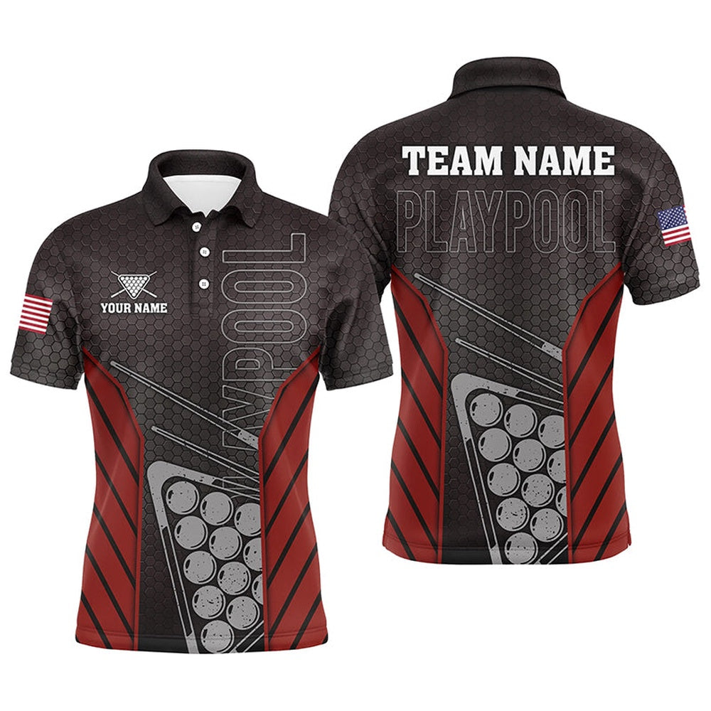 Billiard Polo Shirts, Black Red Billiard Play Pool Custom Name Polo Shirts, Personalized Pool Player Gifts, Billiards Team Shirts
