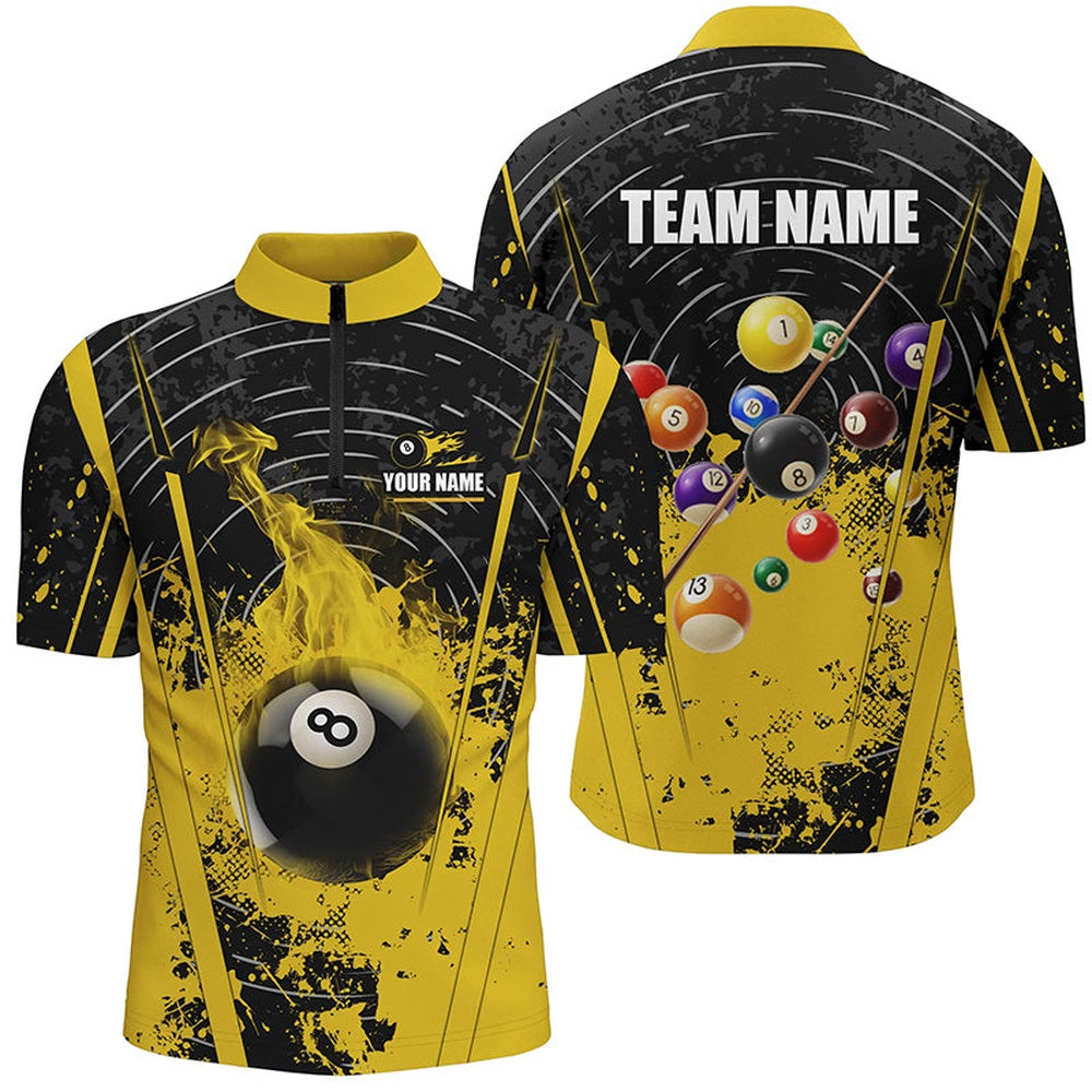 Billiard Polo Shirts, Black Yellow 8 Ball Pool Flame Paint Polo Shirts Custom Billiard Jersey Attire, Billiards Team Shirts