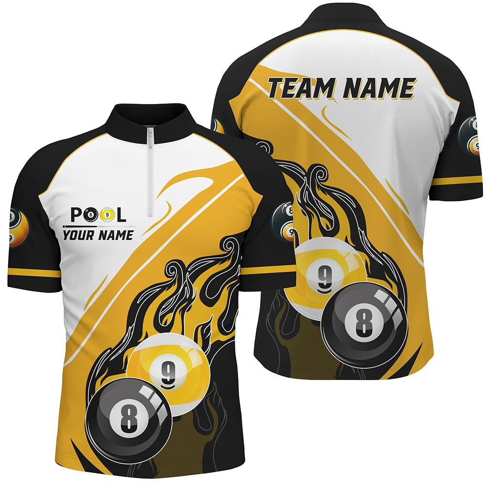 Billiard Polo Shirts, Black Yellow Billiard 8 Ball & 9 Ball Custom Polo Shirt, Billiard Attire Jersey, Billiards Team Shirts