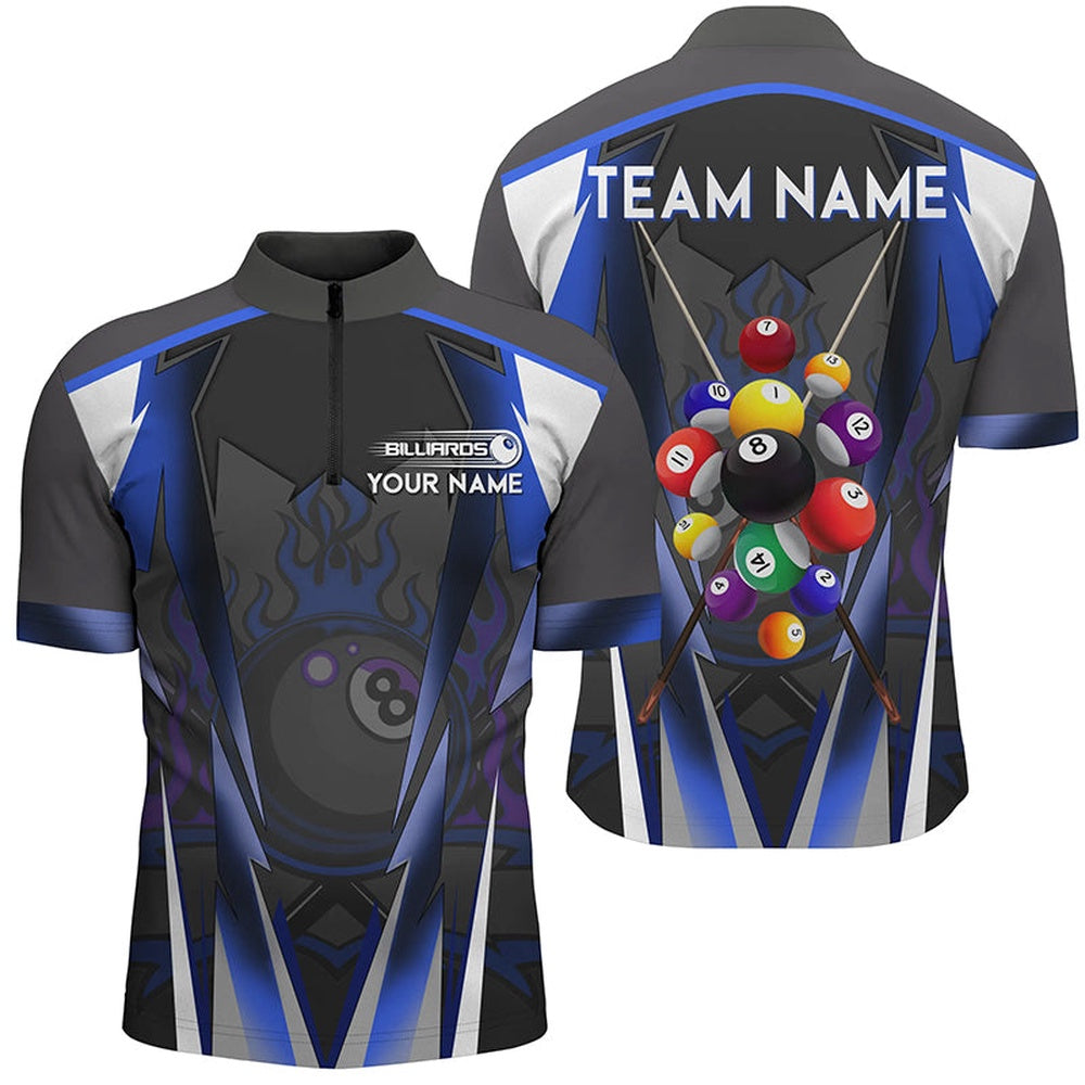 Billiard Polo Shirts, Blue 8 Ball Fire Billiard Balls Polo Shirts Custom Team League Billiard Jersey, Billiards Team Shirts
