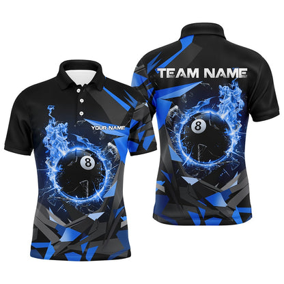 Billiard Polo Shirts, Blue 8 Ball Pool Fire Break Glass Custom Billiard Shirts Team League Billiard Jerseys, Billiards Team Shirts