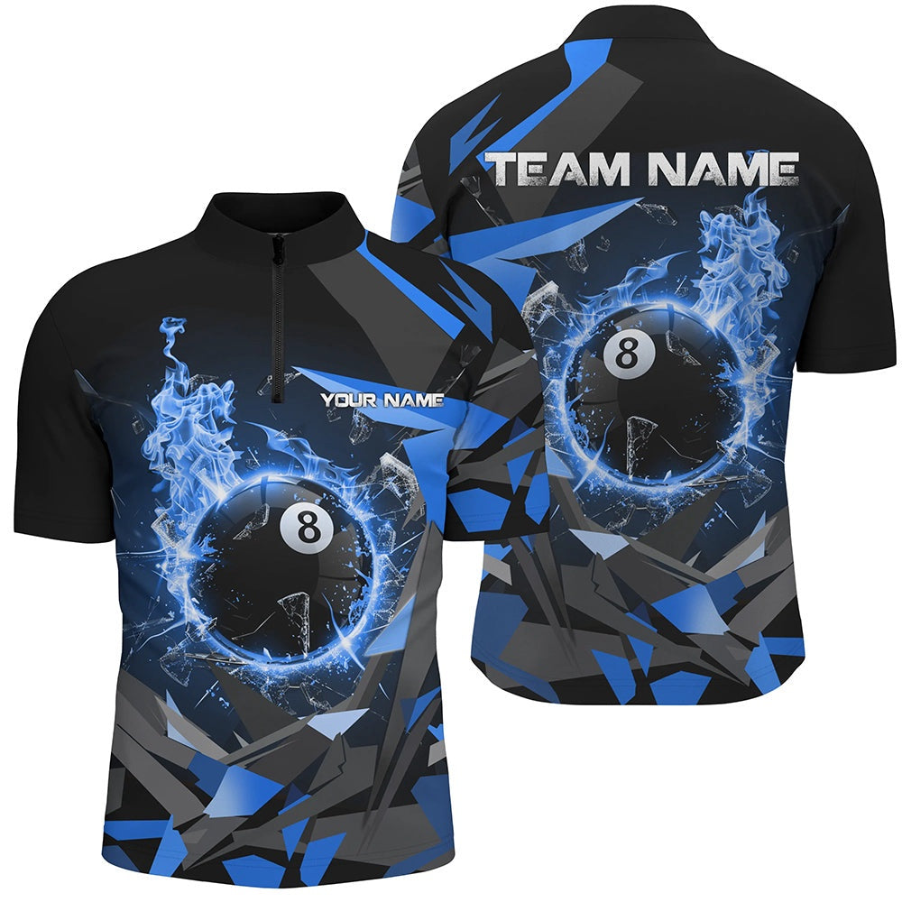 Billiard Polo Shirts, Blue 8 Ball Pool Fire Break Glass Custom Billiard Shirts Team League Billiard Jerseys, Billiards Team Shirts