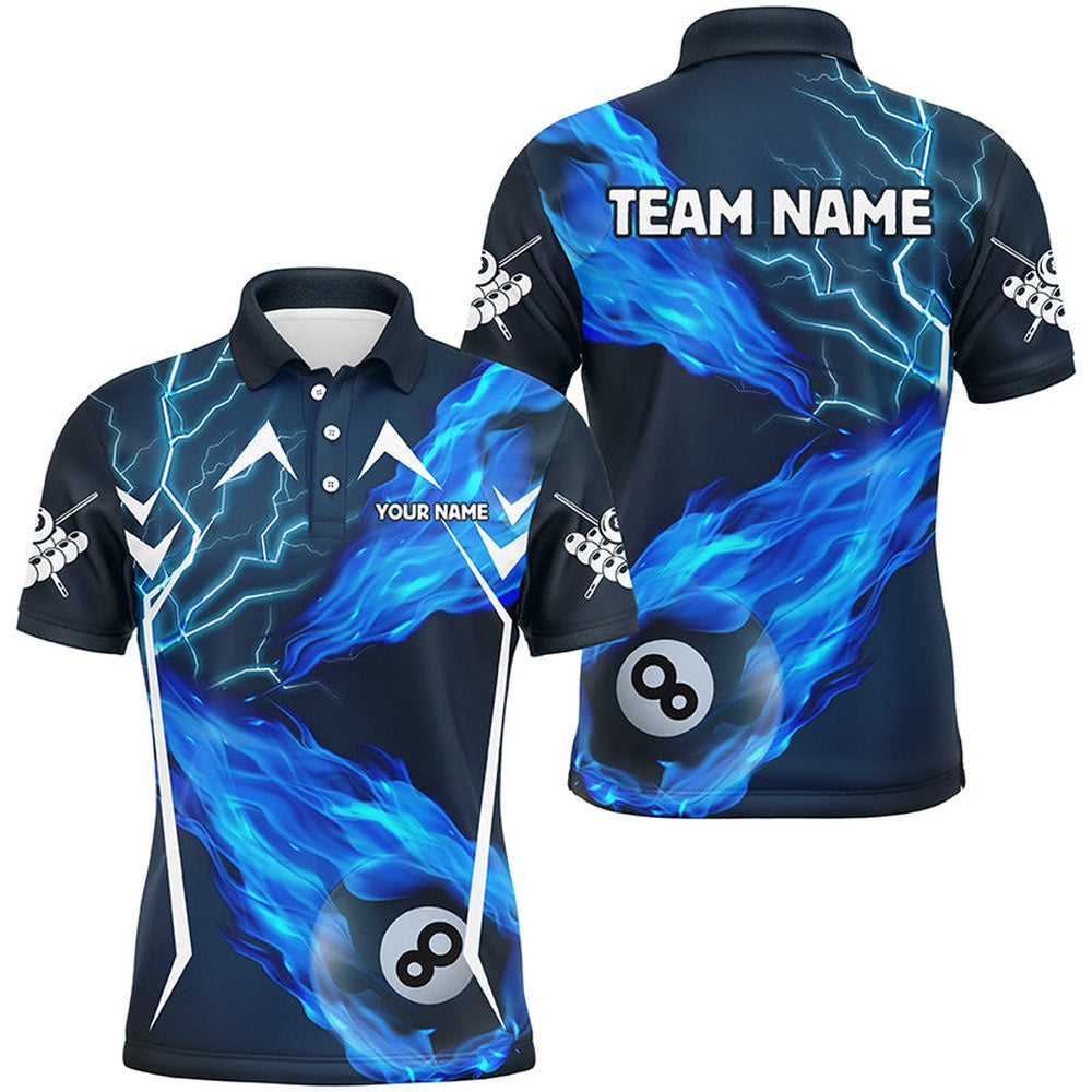 Billiard Polo Shirts, Blue 8 Ball Pool Fire Flame Custom Lightning Billiard Shirts Best Team League Billiard Jerseys, Billiards Team Shirts