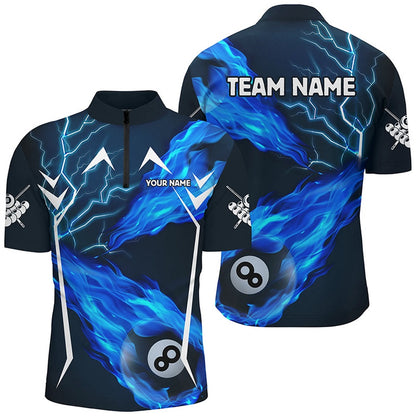 Billiard Polo Shirts, Blue 8 Ball Pool Fire Flame Custom Lightning Billiard Shirts Best Team League Billiard Jerseys, Billiards Team Shirts