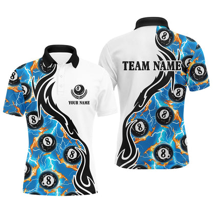 Billiard Polo Shirts, Blue 8 Ball Pool Fire Thunder Lightning Custom Billiard Shirts Team League Billiard Jerseys, Billiards Team Shirts