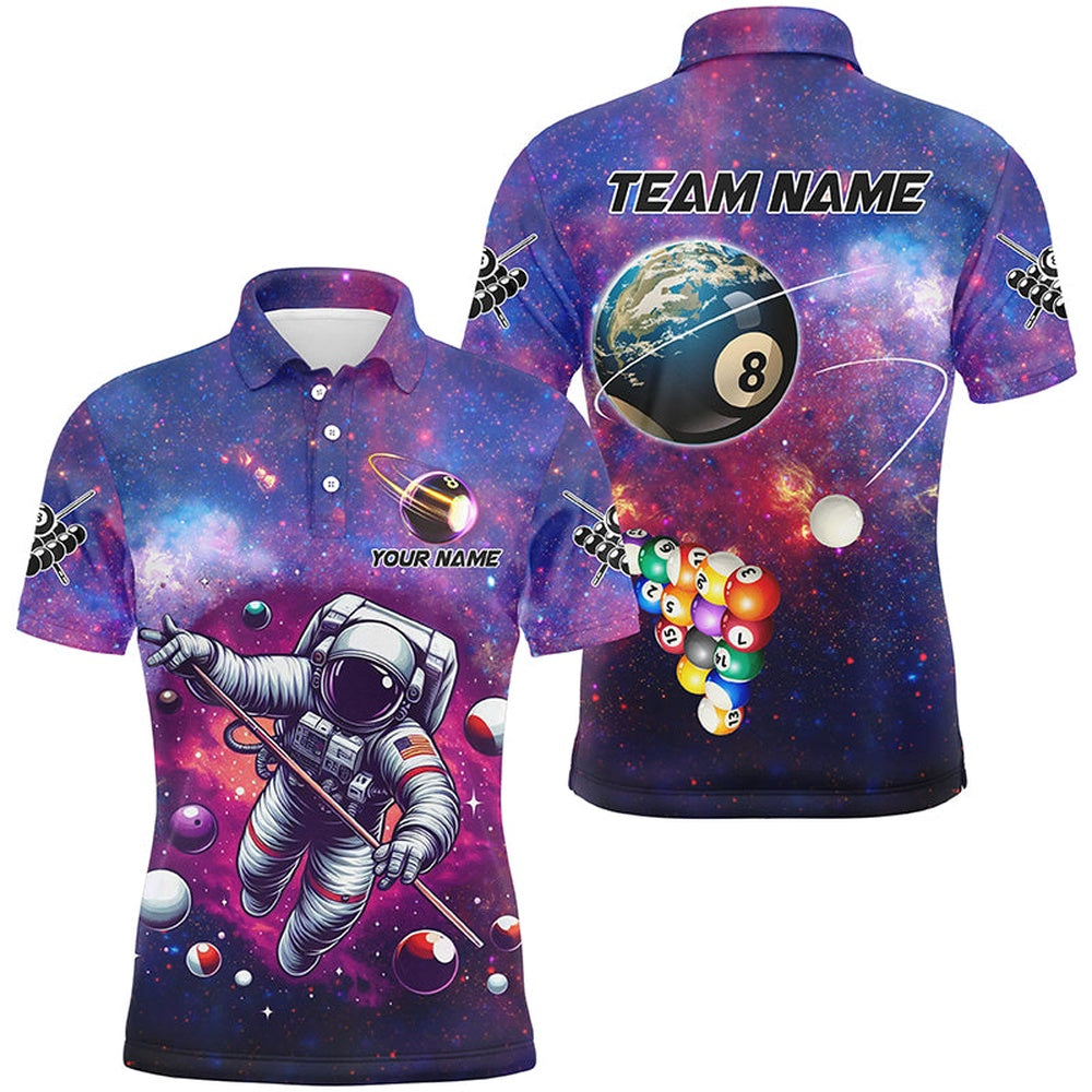 Billiard Polo Shirts, Blue And Purple Galaxy Astronaut Billiard Balls Jerseys Custom 3D Funny Billiard Shirts, Billiards Team Shirts