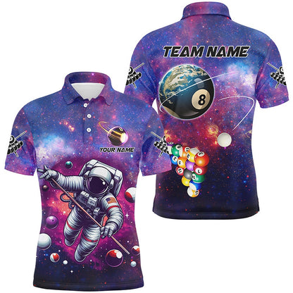 Billiard Polo Shirts, Blue And Purple Galaxy Astronaut Billiard Balls Jerseys Custom 3D Funny Billiard Shirts, Billiards Team Shirts
