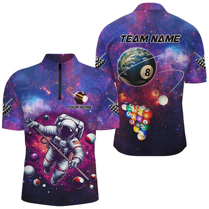 Billiard Polo Shirts, Blue And Purple Galaxy Astronaut Billiard Balls Jerseys Custom 3D Funny Billiard Shirts, Billiards Team Shirts
