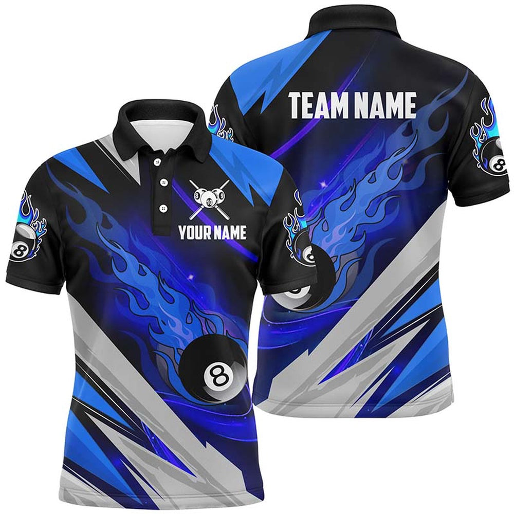 Billiard Polo Shirts, Blue Ball 8 Billiard Flame Personalized Polo Shirts Custom Team Name Billiard Jerseys, Billiards Team Shirts