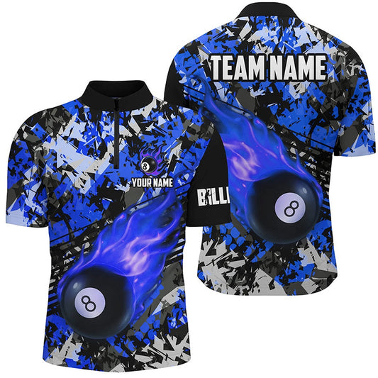 Billiard Polo Shirts, Blue Billiard Ball 8 Fire Flame Polo Shirts Custom 8 Ball Pool Billiard Jersey, Billiards Team Shirts