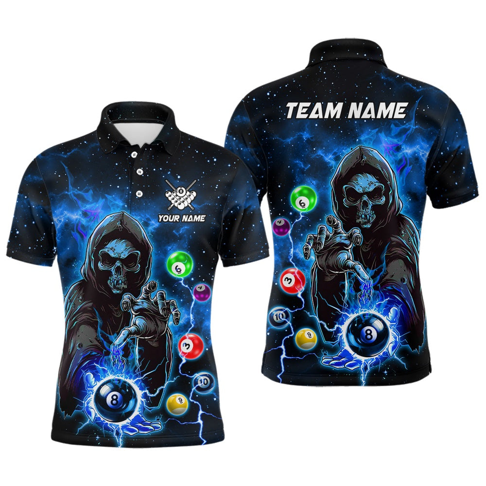 Billiard Polo Shirts, Blue Billiard Death Skeleton Polo & Polo Shirts Customized Team League Billiard Jerseys, Billiards Team Shirts