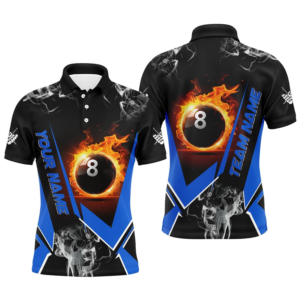 Billiard Polo Shirts, Blue Billiard Jersey Flame 8 Ball Pool Custom Billiard Shirts Team League Billiard Uniform, Billiards Team Shirts
