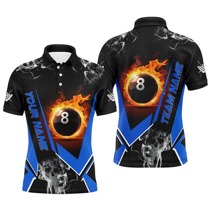 Billiard Polo Shirts, Blue Billiard Jersey Flame 8 Ball Pool Custom Billiard Shirts Team League Billiard Uniform, Billiards Team Shirts