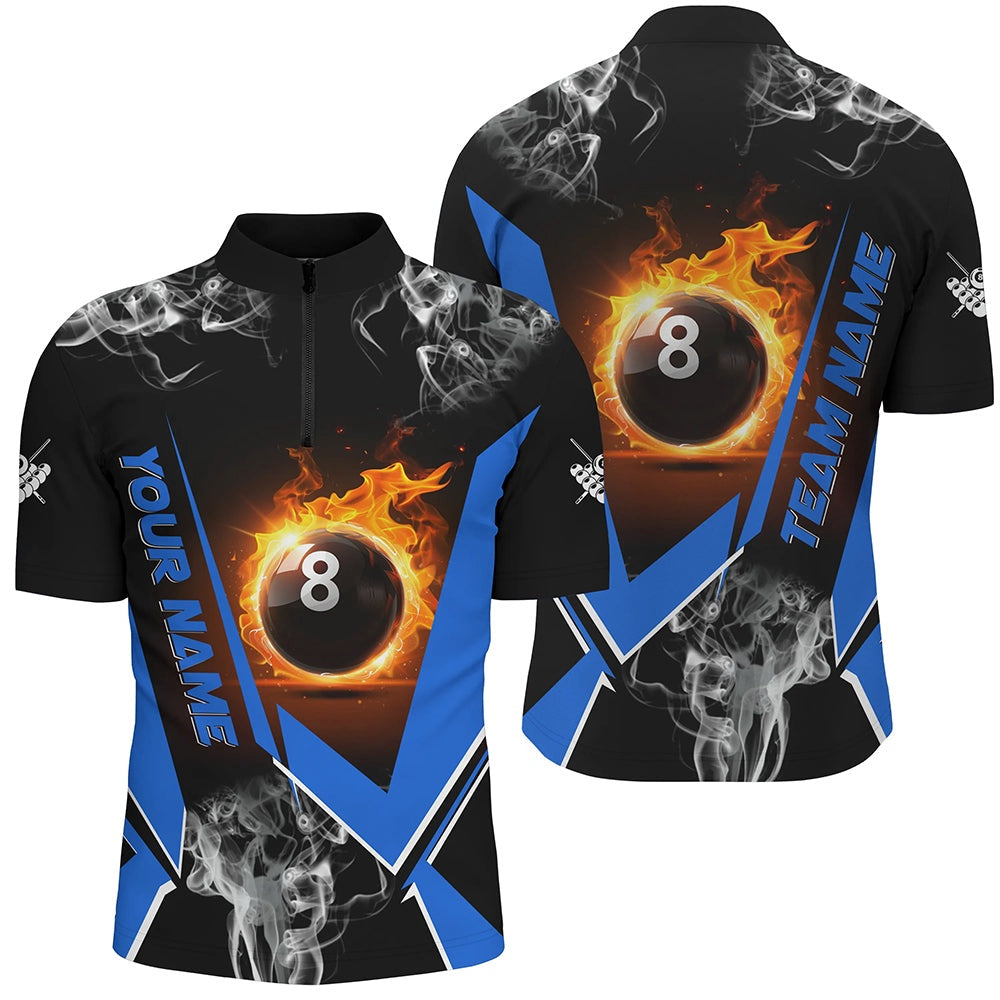 Billiard Polo Shirts, Blue Billiard Jersey Flame 8 Ball Pool Custom Billiard Shirts Team League Billiard Uniform, Billiards Team Shirts