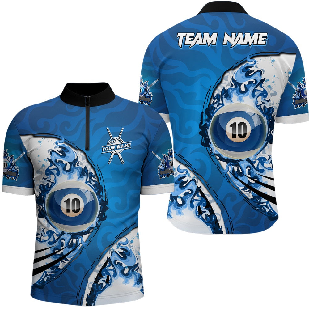 Billiard Polo Shirts, Blue Flaming 10 Ball Billiards Polo Shirts, Custom 10 Balls Pool Player Shirts, Billiards Team Shirts