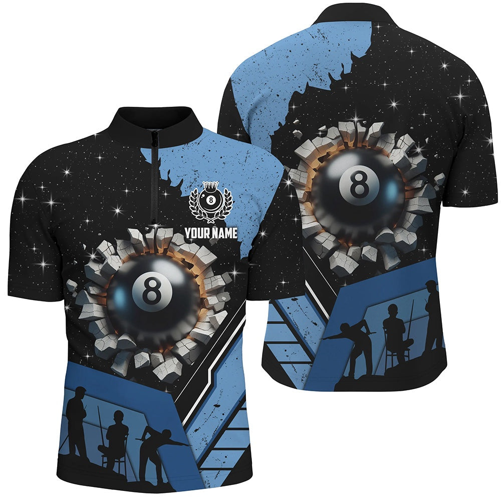 Billiard Polo Shirts, Blue Funny 8 Ball Pool Crack Polo Shirts Custom Team League Billiard Jersey, Billiards Team Shirts