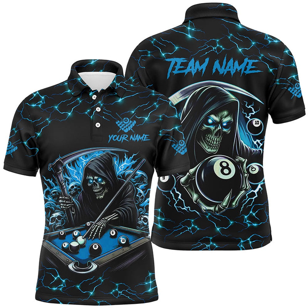 Billiard Polo Shirts, Blue Funny Death Skeleton 8 Ball Pool Billiard Shirts Custom Name Lightning Billiard Jerseys, Billiards Team Shirts