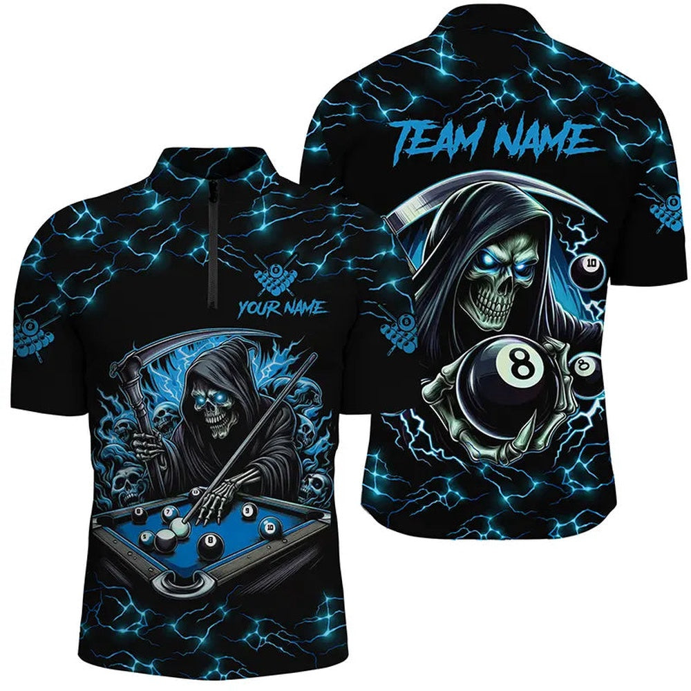 Billiard Polo Shirts, Blue Funny Death Skeleton 8 Ball Pool Billiard Shirts Custom Name Lightning Billiard Jerseys, Billiards Team Shirts