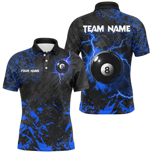 Billiard Polo Shirts, Blue Grunge 8 Ball Pool Thunder Lightning Polo Shirts Custom Team League Billiard Jersey, Billiards Team Shirts