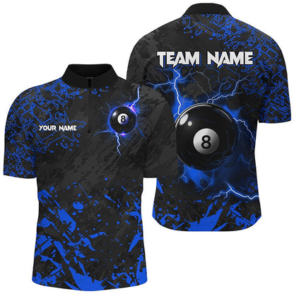Billiard Polo Shirts, Blue Grunge 8 Ball Pool Thunder Lightning Polo Shirts Custom Team League Billiard Jersey, Billiards Team Shirts