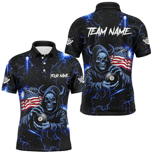 Billiard Polo Shirts, Blue Skull Thunder Lightning Us Flag Custom Billiard Shirts, Patriotic Billiard Team Jerseys, Billiards Team Shirts